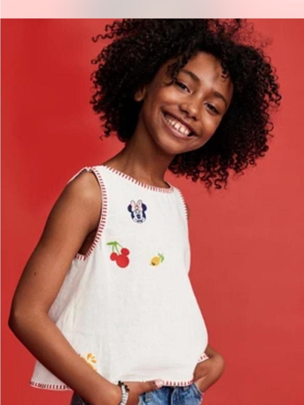 ISO Old Navy White Tank Top with Cherry & Minnie Patches